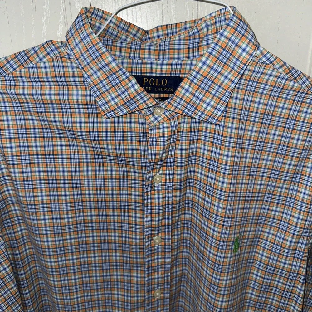Polo Ralph Lauren Mens Button Down Plaid XL 100%Cotton Stretch Orange Blue